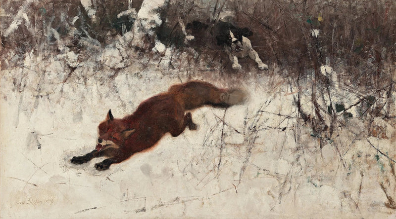 Winterliche Fuchsjagd mit einem Jagdhund - Bruno Liljefors