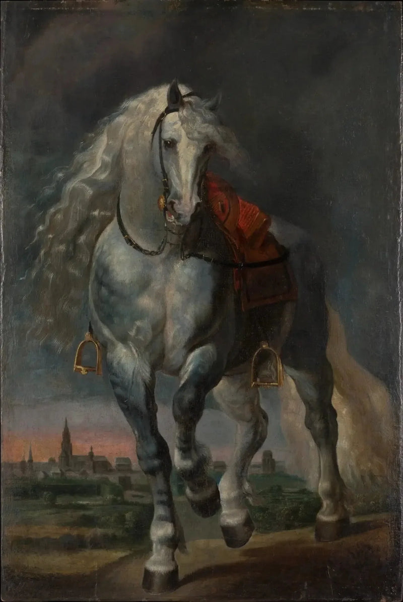 Weißes Pferd, das über eine flache Landschaft vor einer Stadt trottet - Peter Paul Rubens