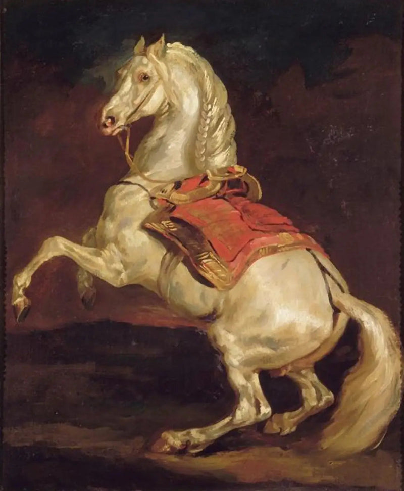 Aufgerichtetes Pferd auf rotem Sattel - Théodore Géricault