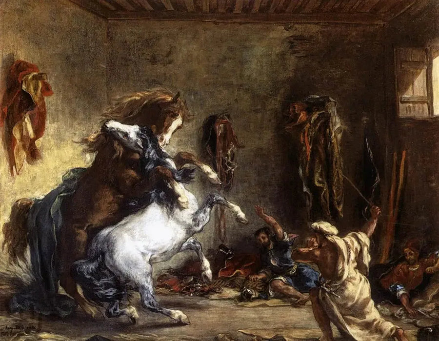 Arabische Pferde, die in einem Stall kämpfen - Eugène Delacroix