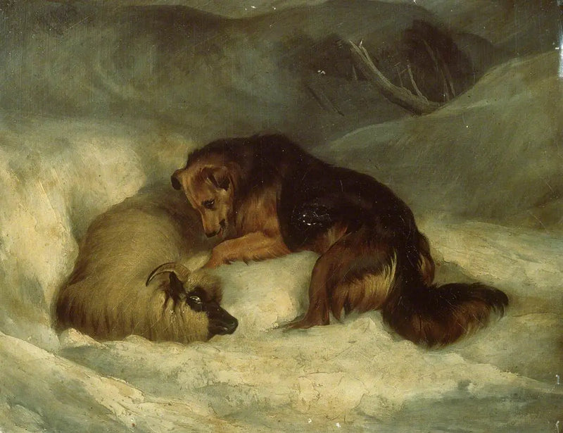 Highland-Hund im Schnee (früher bekannt als „Hirtenhund, der eine Schafherde aus einer Schneeverwehung rettet“) - Edwin Henry Landseer