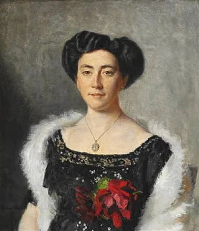 Christiane Bruun de Neergaard in einem schwarzen Abendkleid, verziert mit einer roten Rose - Michael Peter Ancher