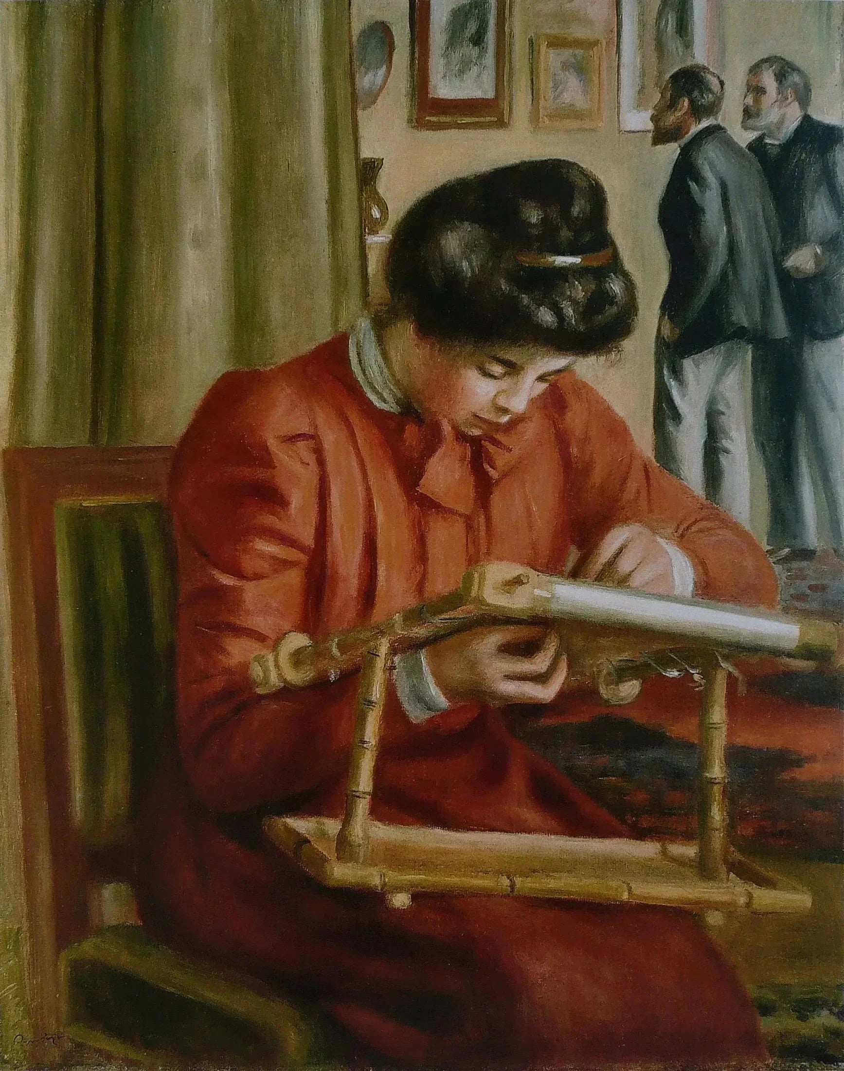 Christine Lerolle brodant, Renoir vers 1895-1897 – reproduction peinture à l’huile sur toile