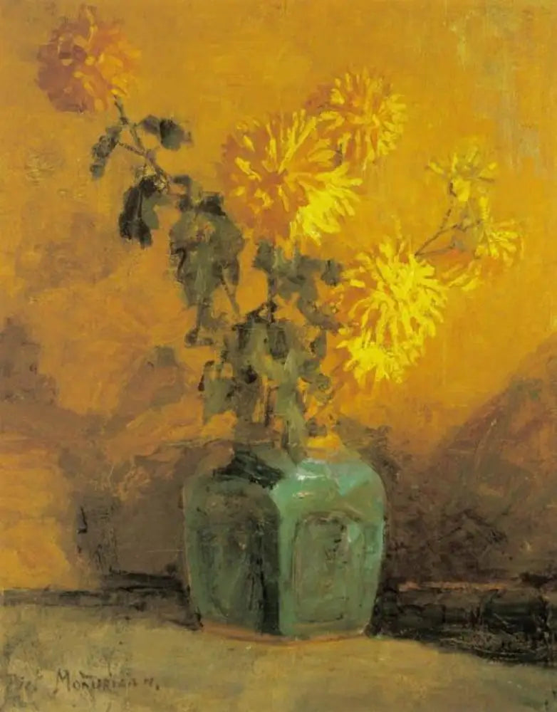 Gelbe Chrysanthemen in einem Ingwer-Topf - Piet Mondrian