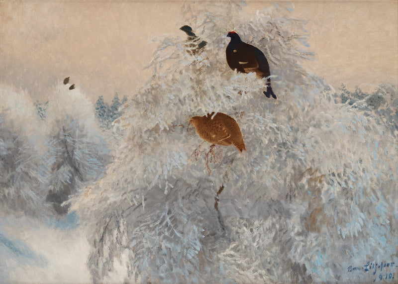 Weiße Baumkronen im Winter mit Birkhühnern - Bruno Liljefors