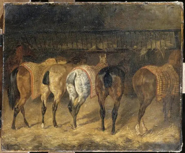 Fünf Pferde von hinten in einem Stall gesehen - Théodore Géricault