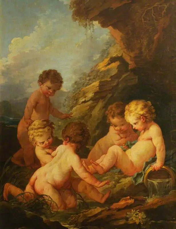 Fünf nackte Kinder, die am Rande eines felsigen Pools spielen - François Boucher