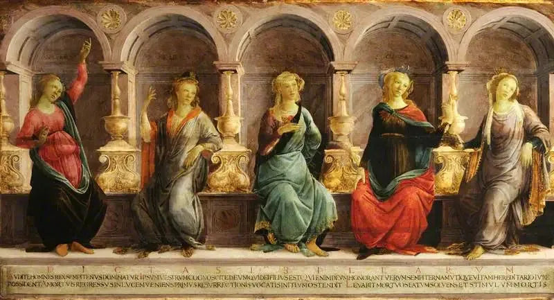 Fünf Sibyllen, die in Nischen sitzen: die Babylonische, die Libysche, die Delphische, die Kimmerische und die Erythräische - Sandro Botticelli