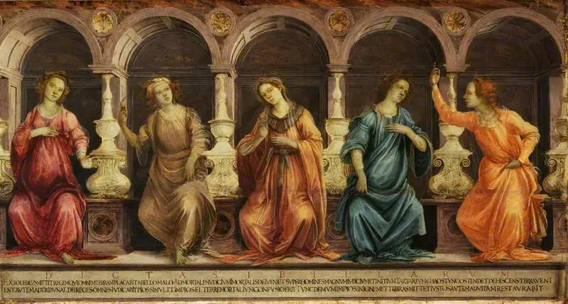 Fünf Sibyllen, die in Nischen sitzen: die Samäische, die Kumeische, die Hellespontische, die Phrygische und die Tiburtine - Filippino Lippi
