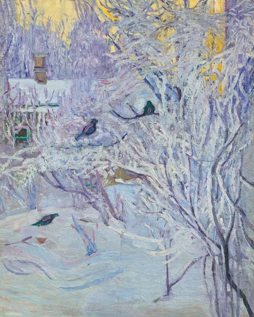 Coin de la maison et bouvreuils sur l'arbre. Hiver - Olga Rozanova