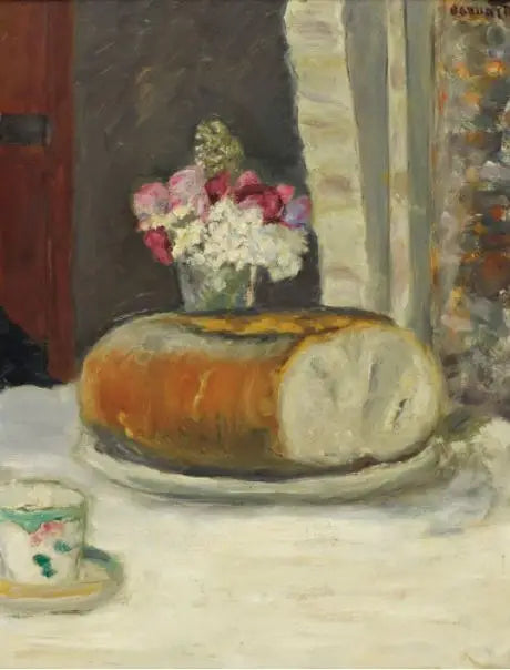 Tischkante (Kaffeetasse, Brot und Blumen) - Pierre Bonnard