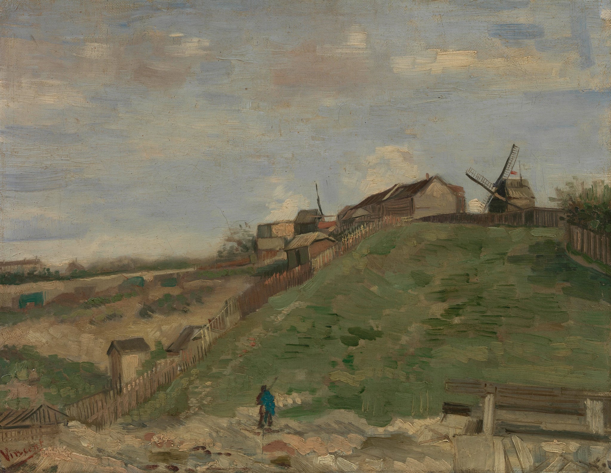 Colline de Montmartre avec carrière de pierre F229 — pente verte, palissades, moulins et ouvrier peints par Vincent van Gogh