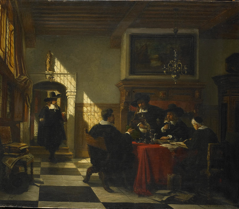 Compagnie en costume du XVIIe siècle à une table sur laquelle est posée une coupe Nautilus - Johannes Stroebel