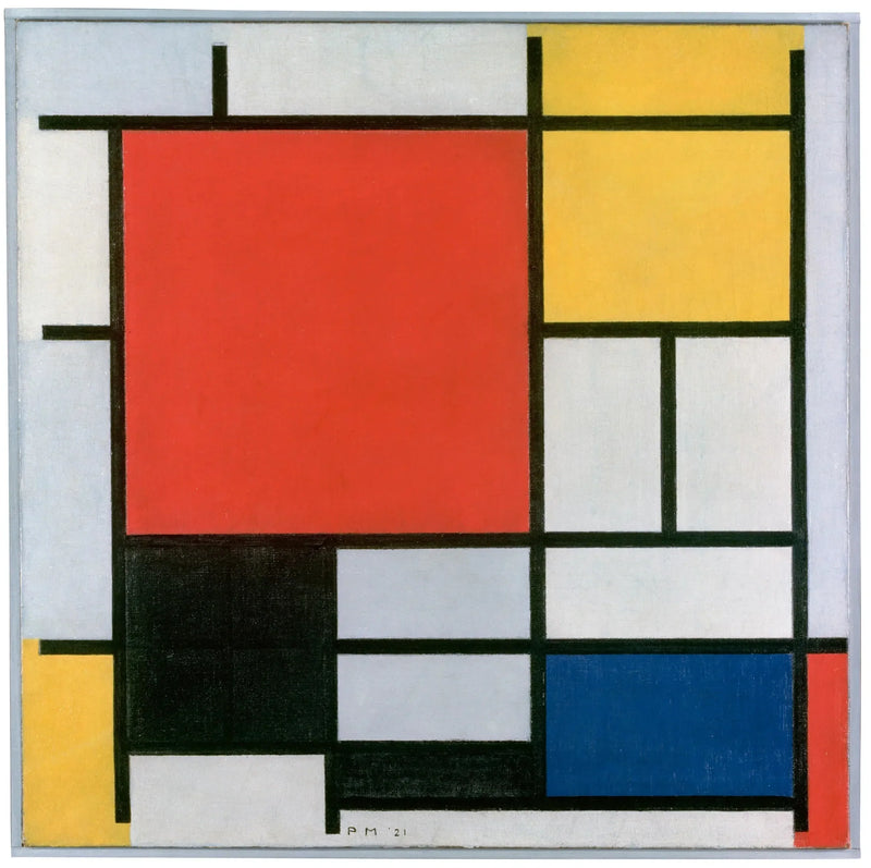 Komposition mit großem rotem, gelbem, schwarzem, grauem und blauem Feld - Piet Mondrian