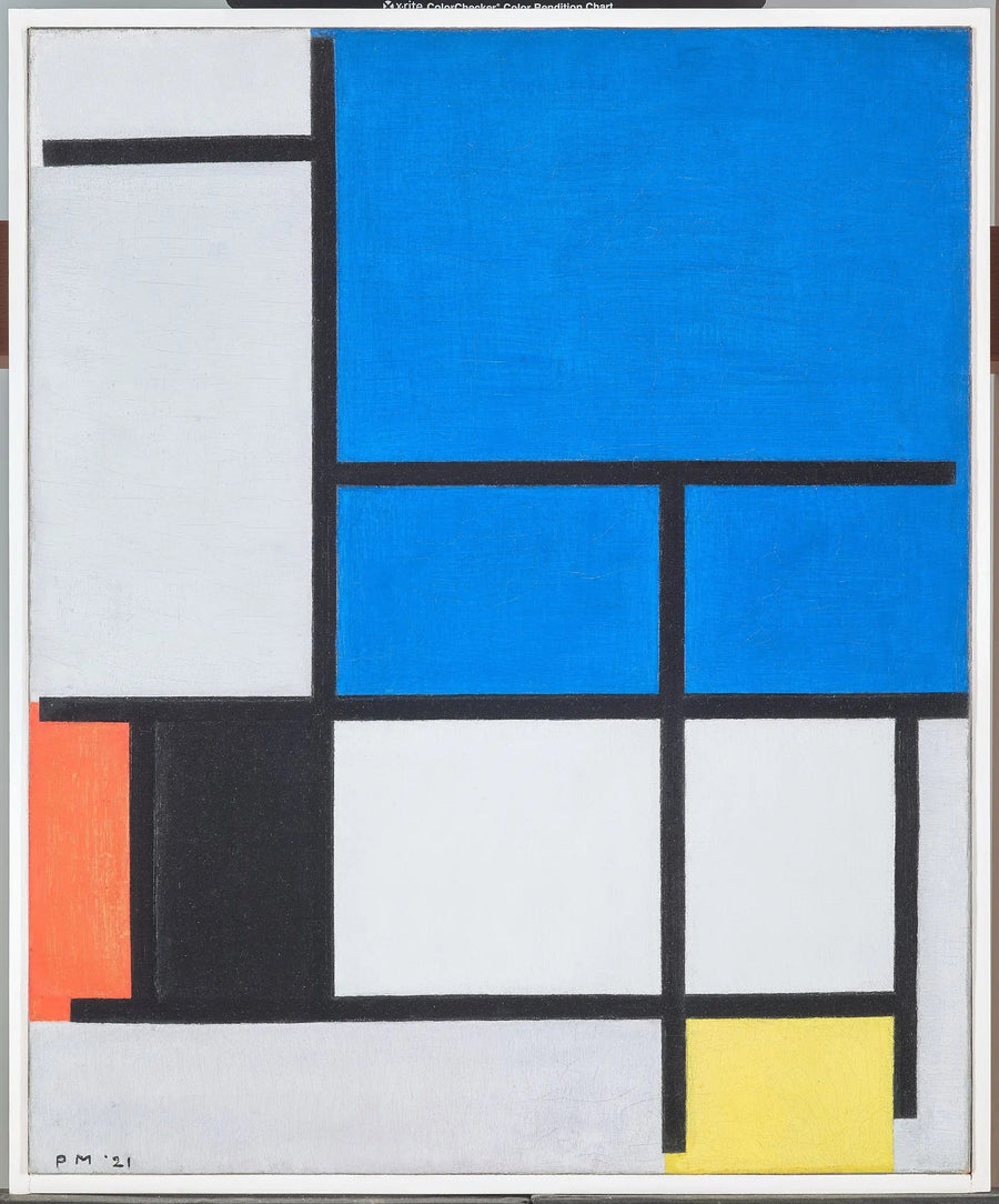 Komposition mit einem großen blauen, roten, schwarzen, gelben und grauen Flugzeug - Piet Mondrian