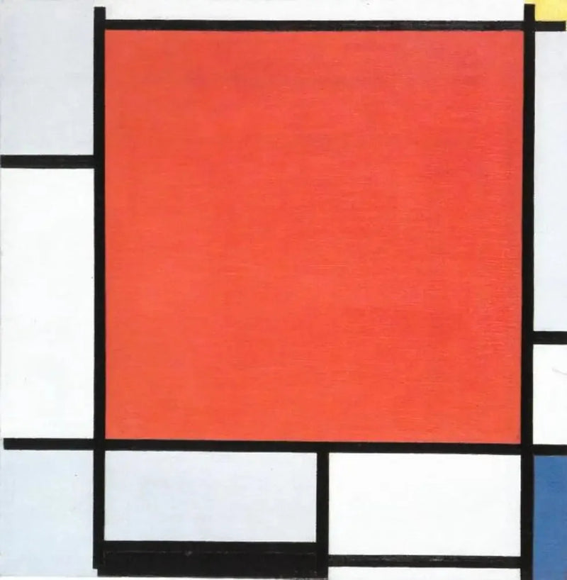 Komposition mit einem großen roten Flugzeug, bläulich-grau, gelb, schwarz und blau - Piet Mondrian