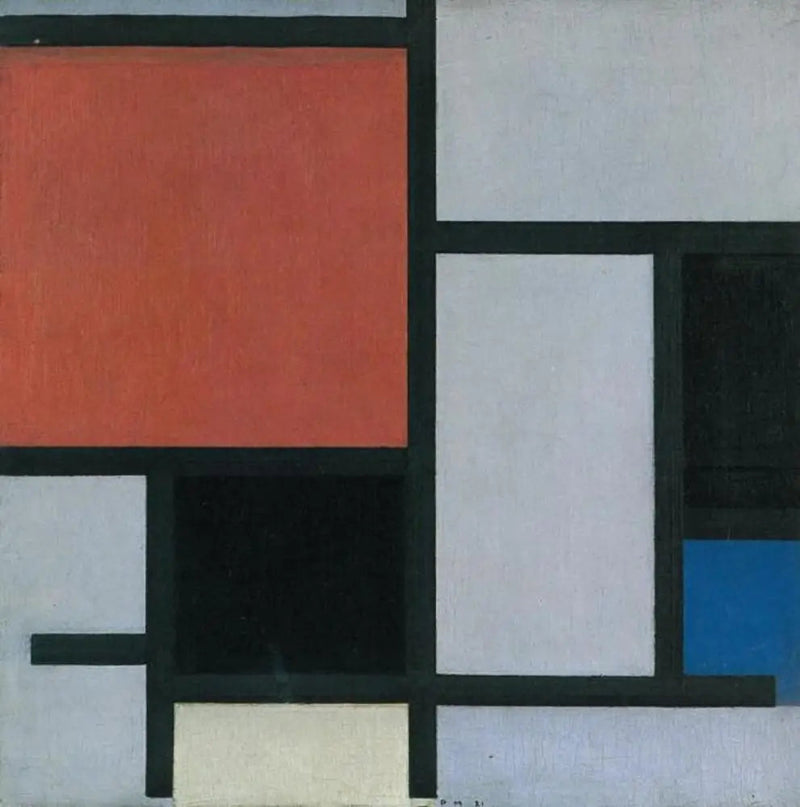 Komposition mit einem großen roten, schwarzen, blauen, gelben und grauen Flugzeug - Piet Mondrian