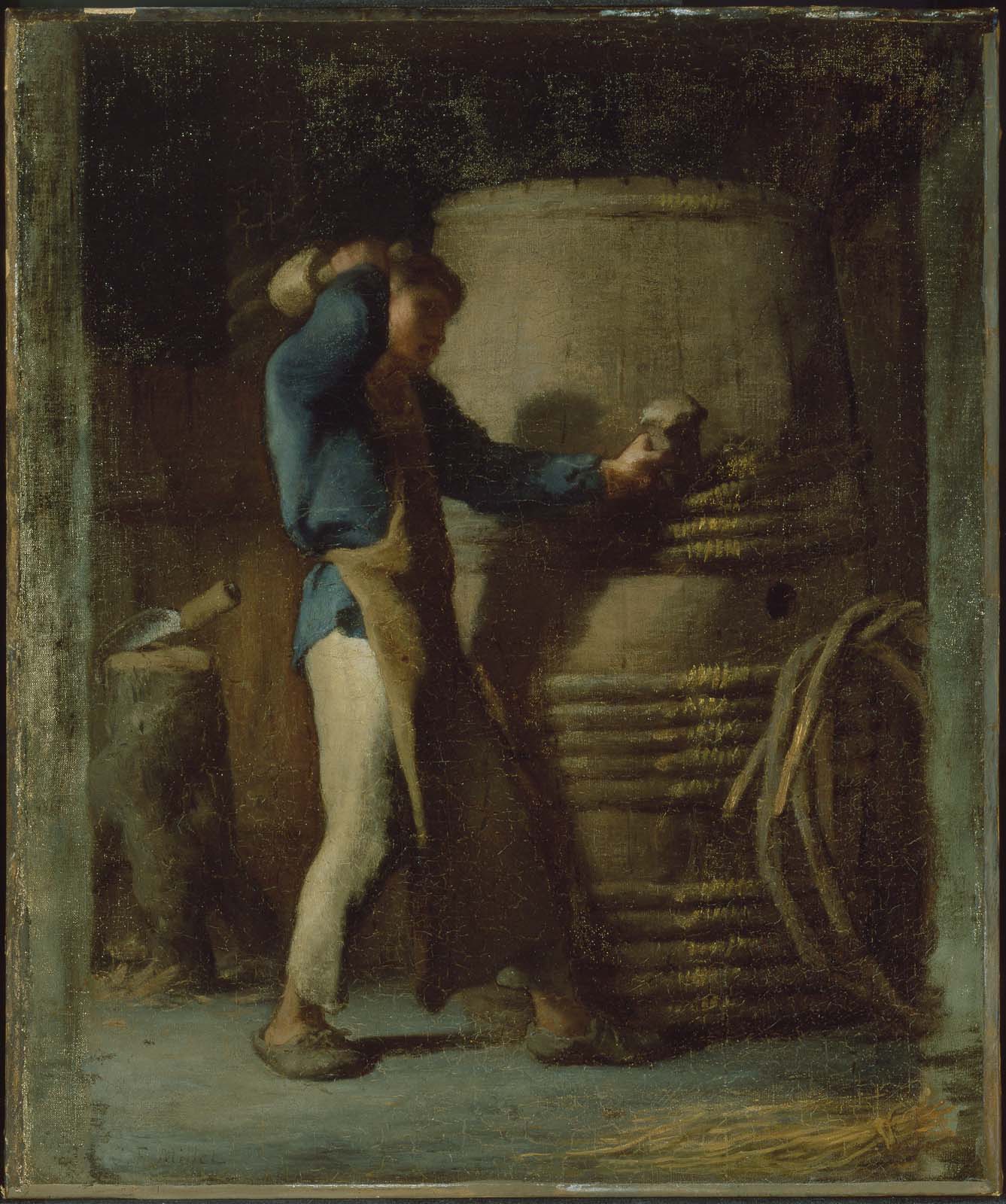 Cooper, der die Spundhölzer eines Fasses festzieht - Jean-François Millet