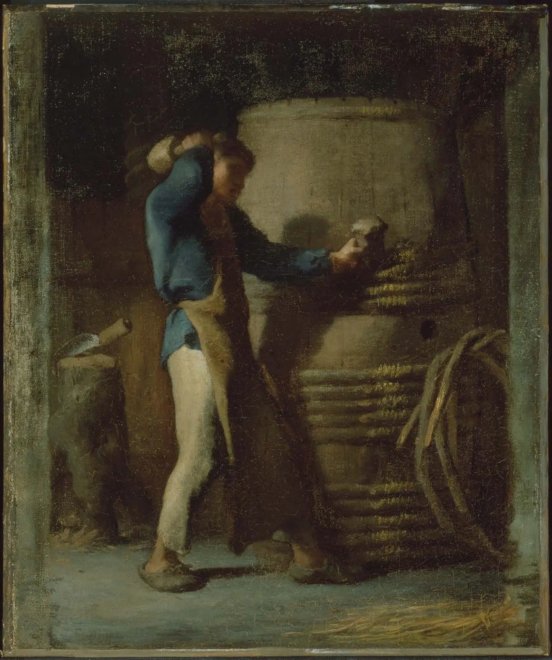 Cooper, der die Spundhölzer eines Fasses festzieht - Jean-François Millet