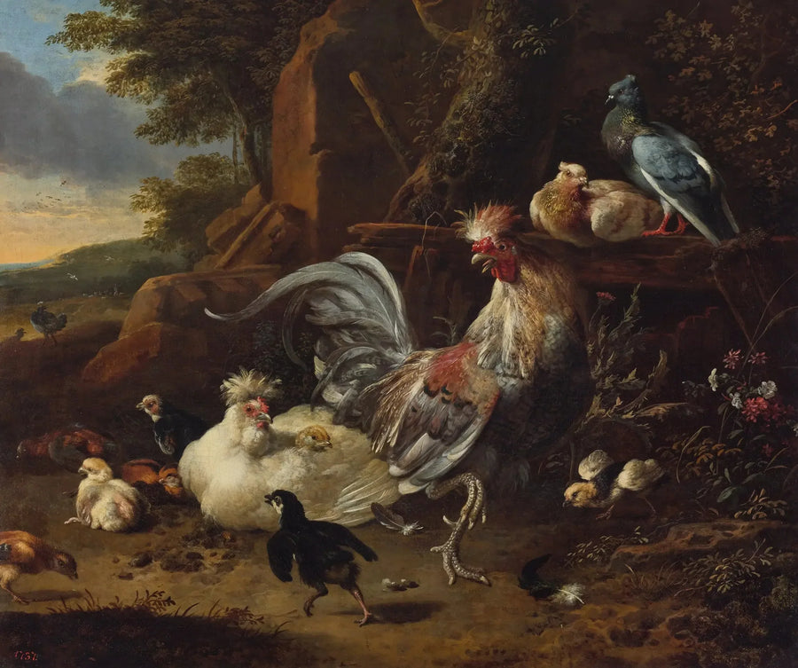 Hahn, Hühner und andere Geflügel in einem Hof - Melchior de Hondecoeter