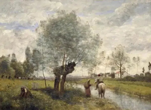Coubron. Reiter im Vorbeigehen auf einer Straße bei einer Weide - Jean-Baptiste Camille Corot
