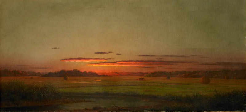 Sonnenuntergang, Heuwagen in der Ferne - Martin Johnson Heade
