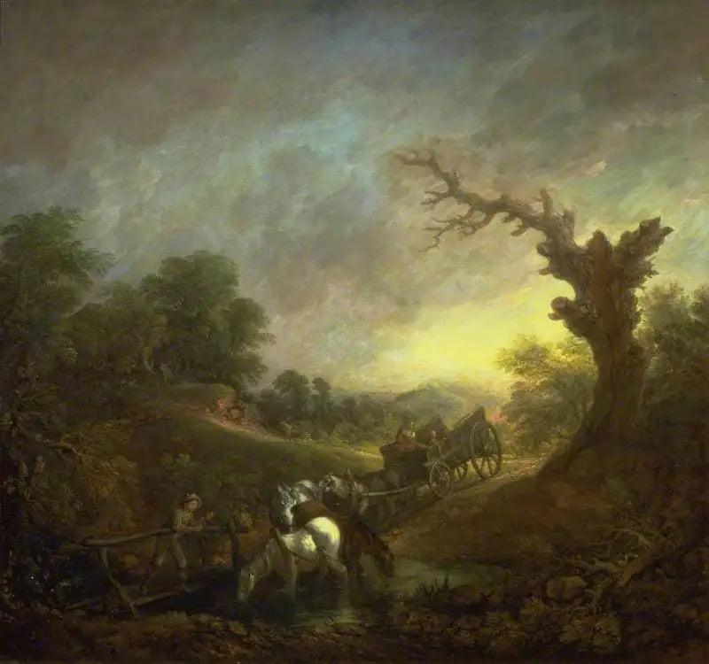 Sonnenuntergang: Zugpferde, die am Ufer eines Bachs trinken - Thomas Gainsborough