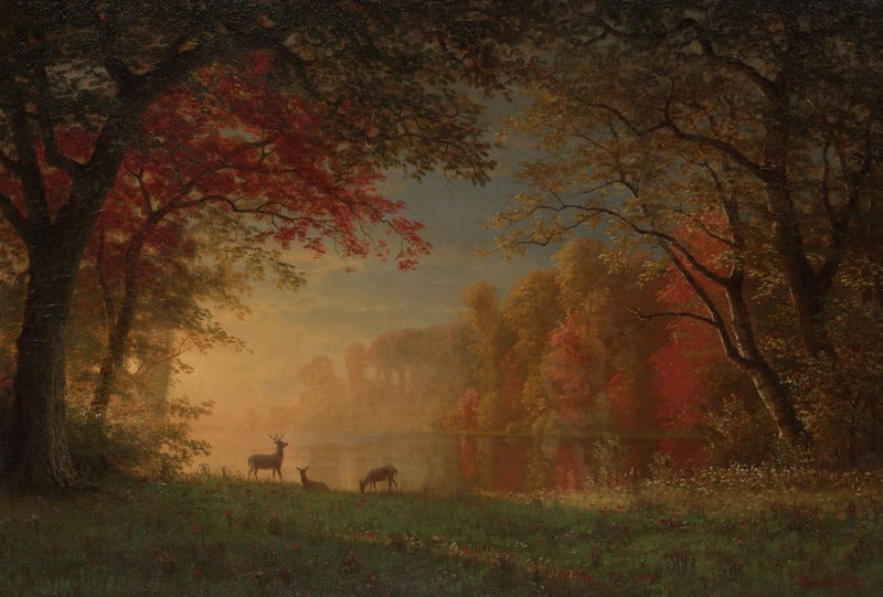 Indianischer Sonnenuntergang: Hirsch am Seeufer - Albert Bierstadt