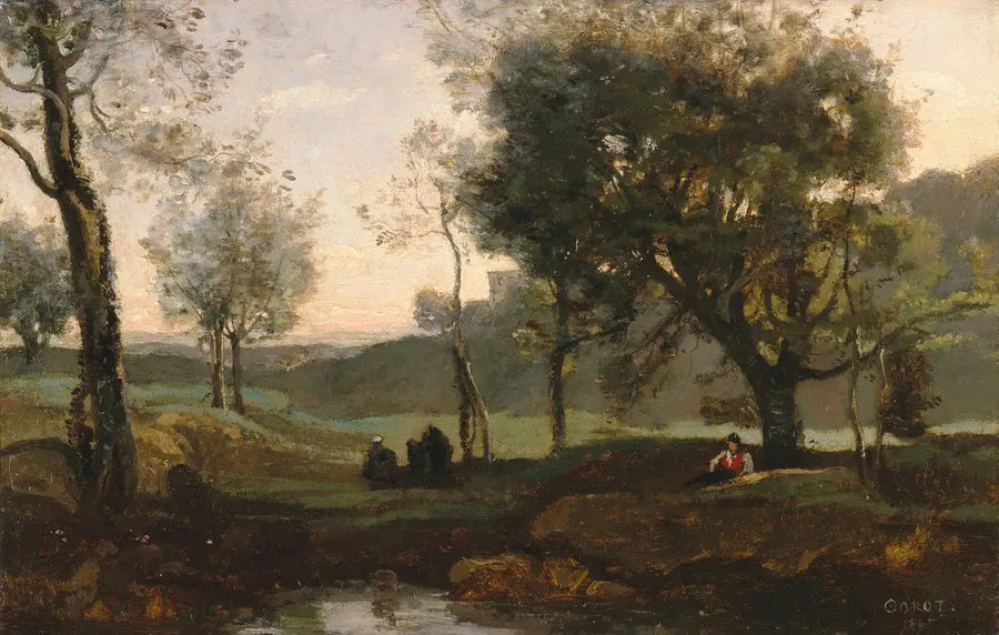 Sonnenuntergang: Figuren unter den Bäumen - Jean-Baptiste Camille Corot