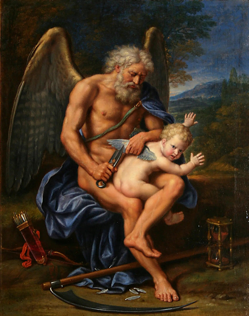Die Zeit mit den Flügeln des Kupidons abschneiden - Pierre Mignard