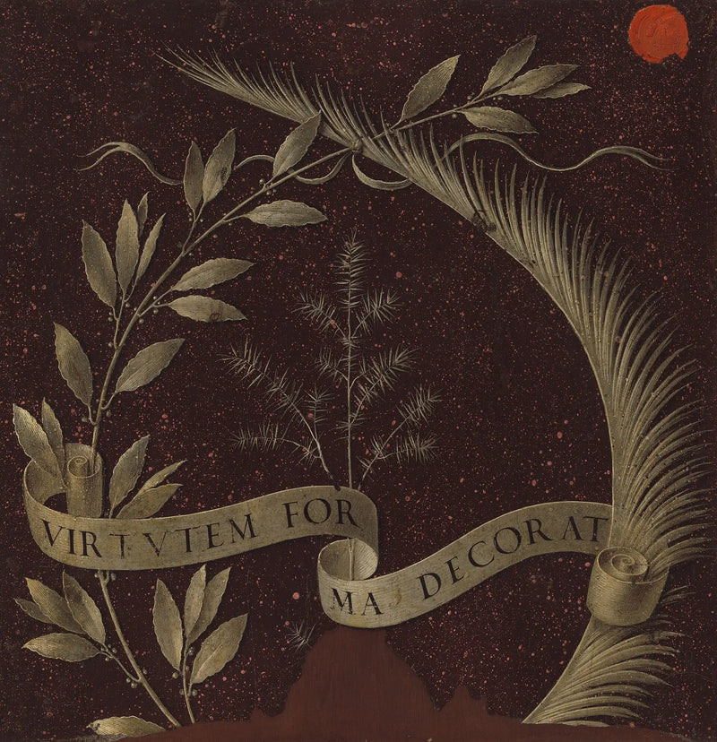 Lorbeer-, Palm- und Wacholderkranz mit einer Pergamentrolle, die die Inschrift Virtutem Forma Decorat trägt [Rückseite] - Leonardo da Vinci