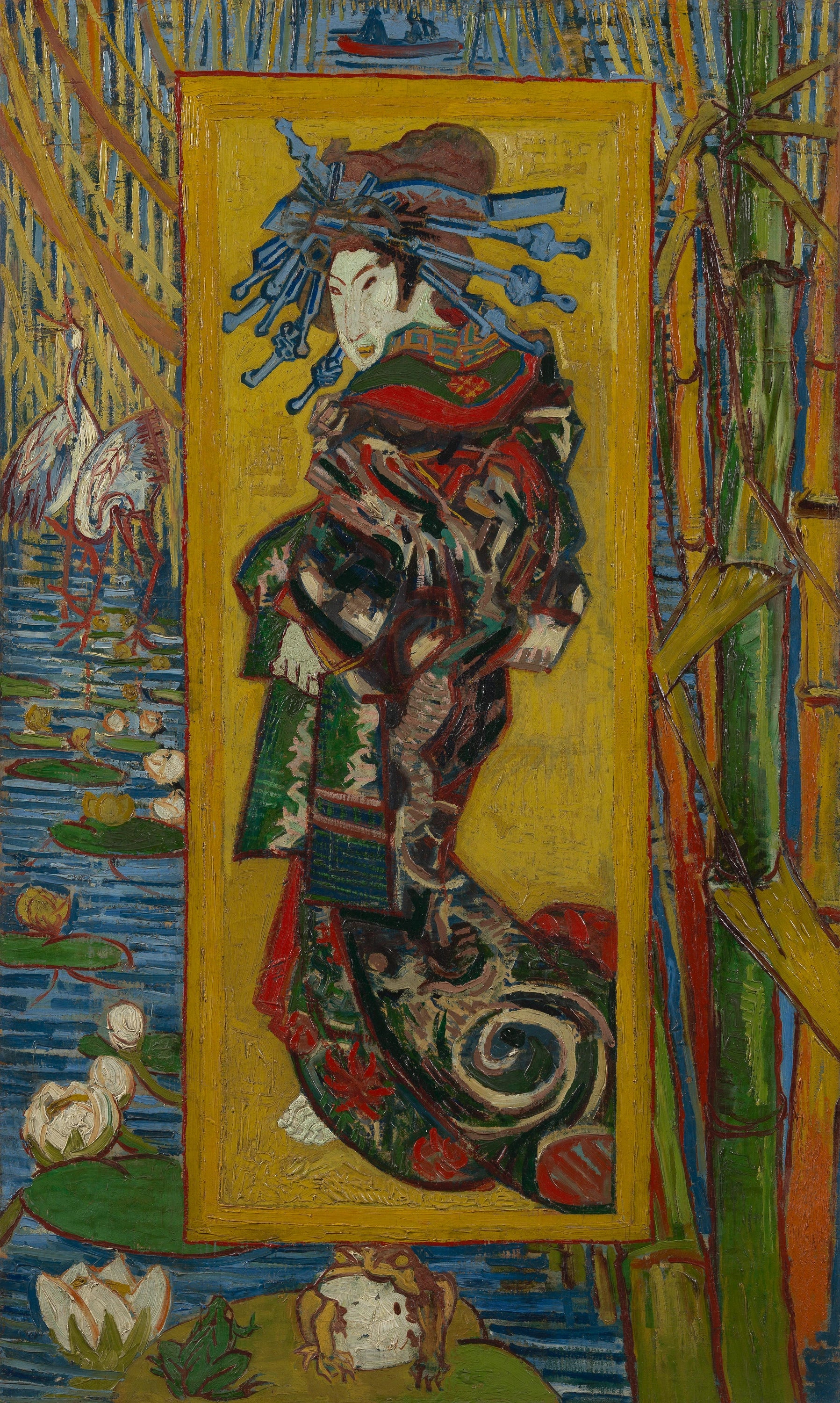 La Courtisane d’après Eisen, F373 — figure japonaise entourée de bambous, grues, grenouilles et nénuphars par Van Gogh