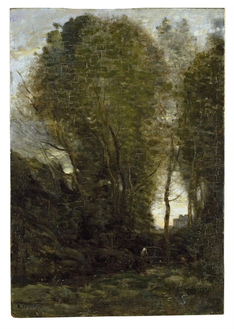 Dämmerung: Landschaft mit großen Bäumen und einer weiblichen Figur - Jean-Baptiste Camille Corot