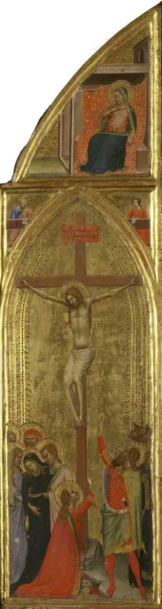 Kreuzigung mit zwei Evangelisten und der Jungfrau der Verkündigung (Triptychon, rechte Tafel) (Vorderseite) - Bernardo Daddi