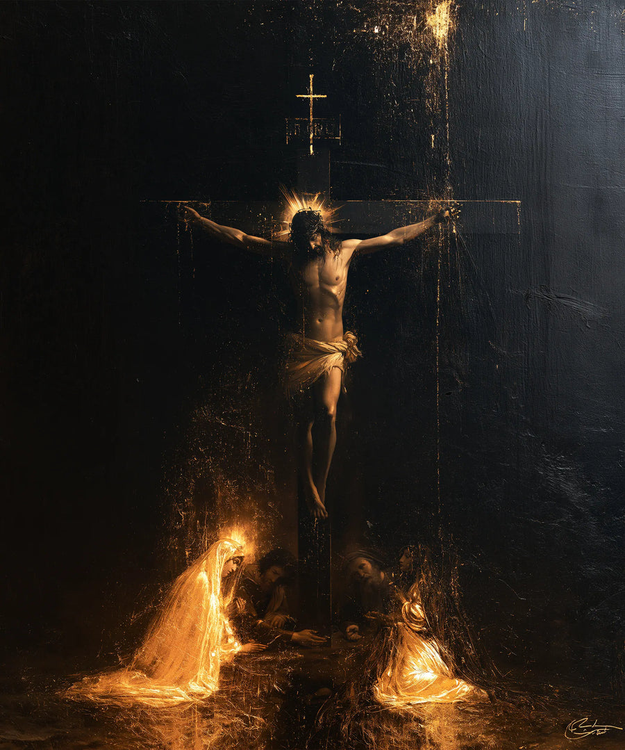 Crucifixion verticale noire aux éclats de feu et d’or