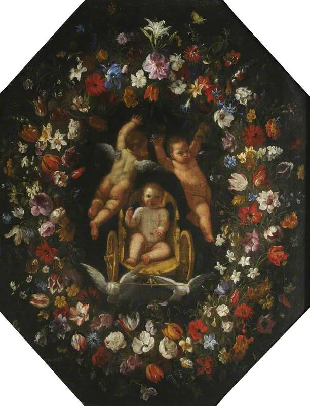 Cupid in einem Streitwagen, umgeben von einem Blumenkranz - Domenichino