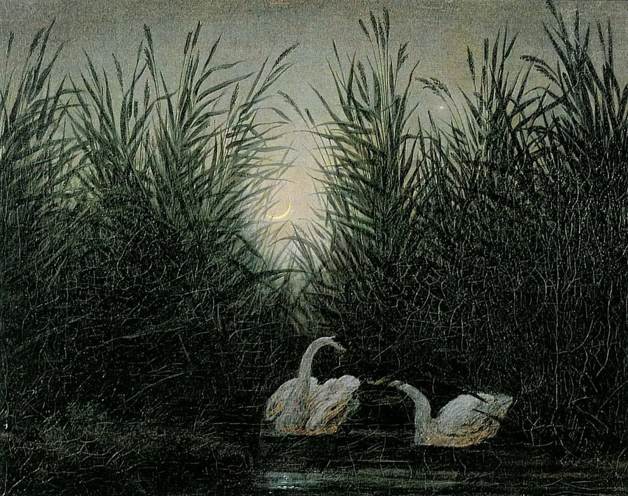 Schwäne im Schilf im ersten Licht der Dämmerung - Caspar David Friedrich