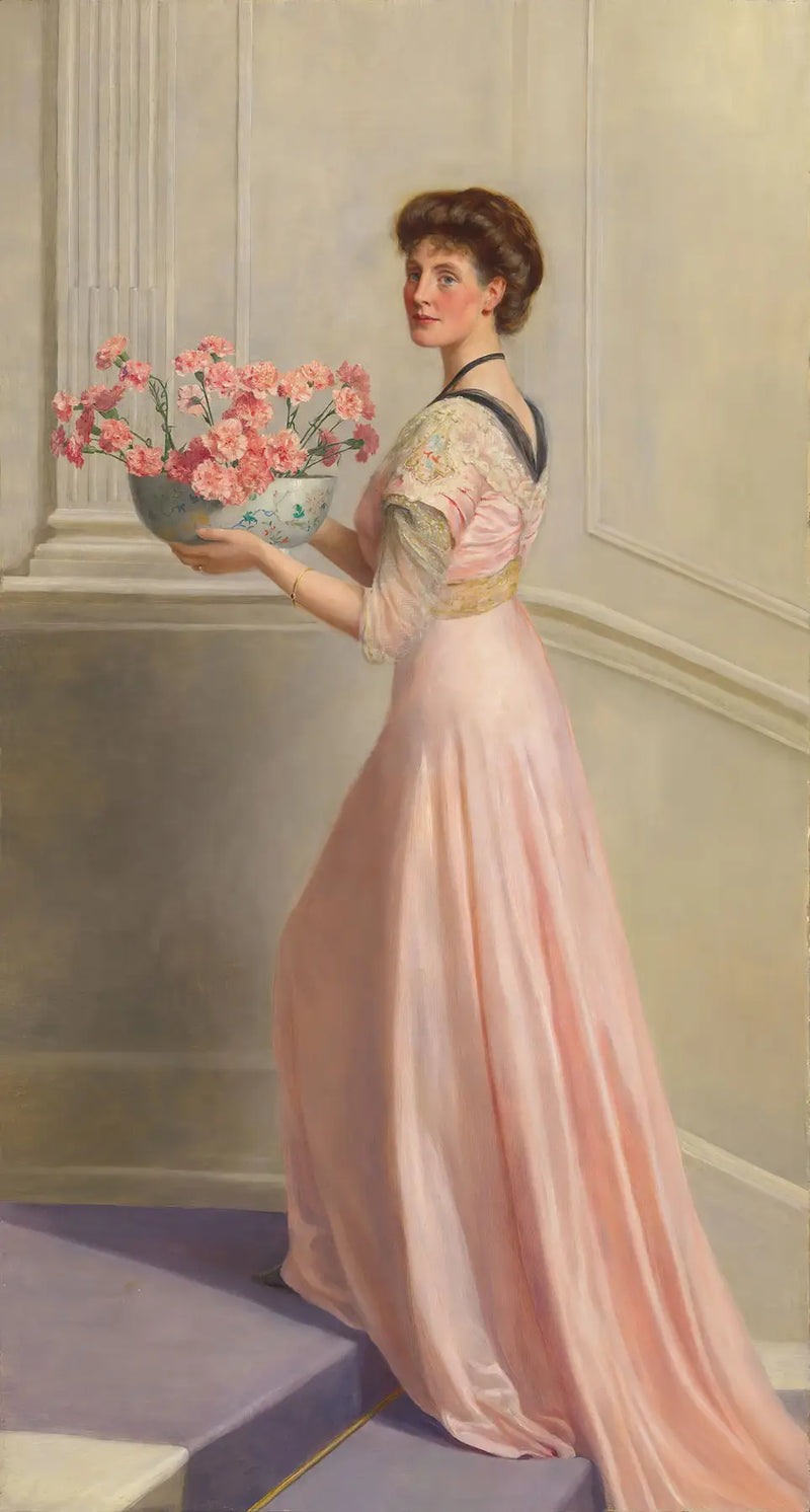 Dame mit einer Schale rosa Nelken - John Collier