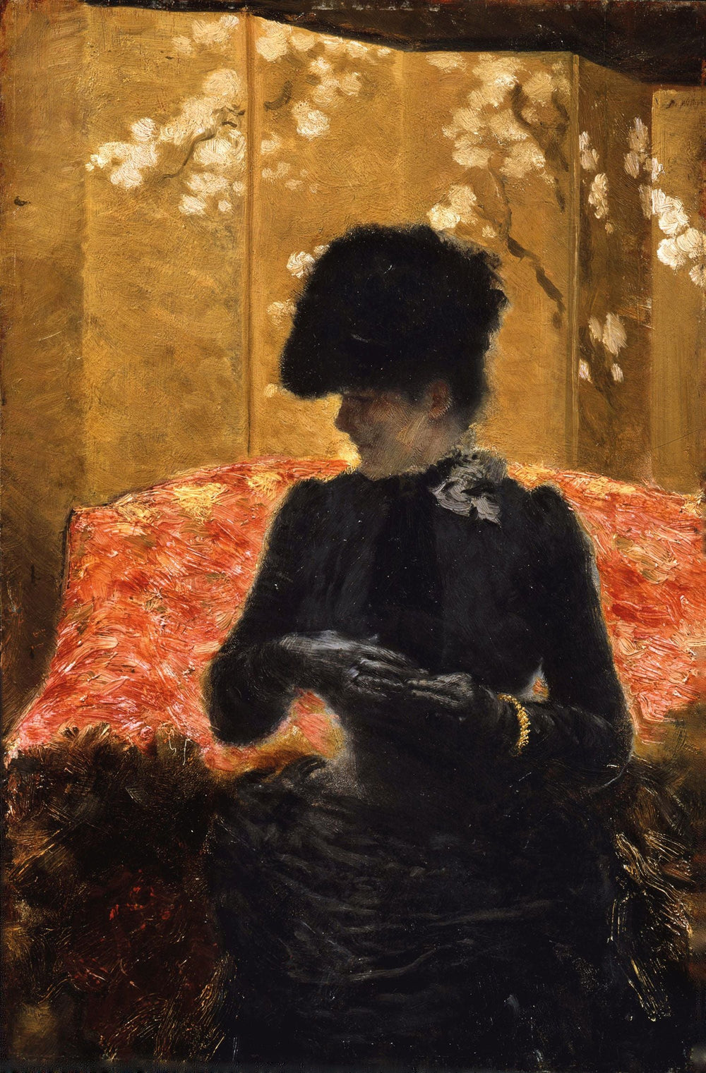 Dame sur le canapé rouge - Giuseppe De Nittis image 1 reproduction de peinture à l’huile