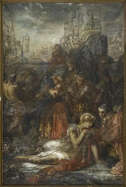 Darius, fuyant après la bataille d'Arbelles, s'arrête, épuisé de fatigue, pour boire dans une mare - Gustave Moreau image 1 reproduction réalisée par Alpha Reproduction