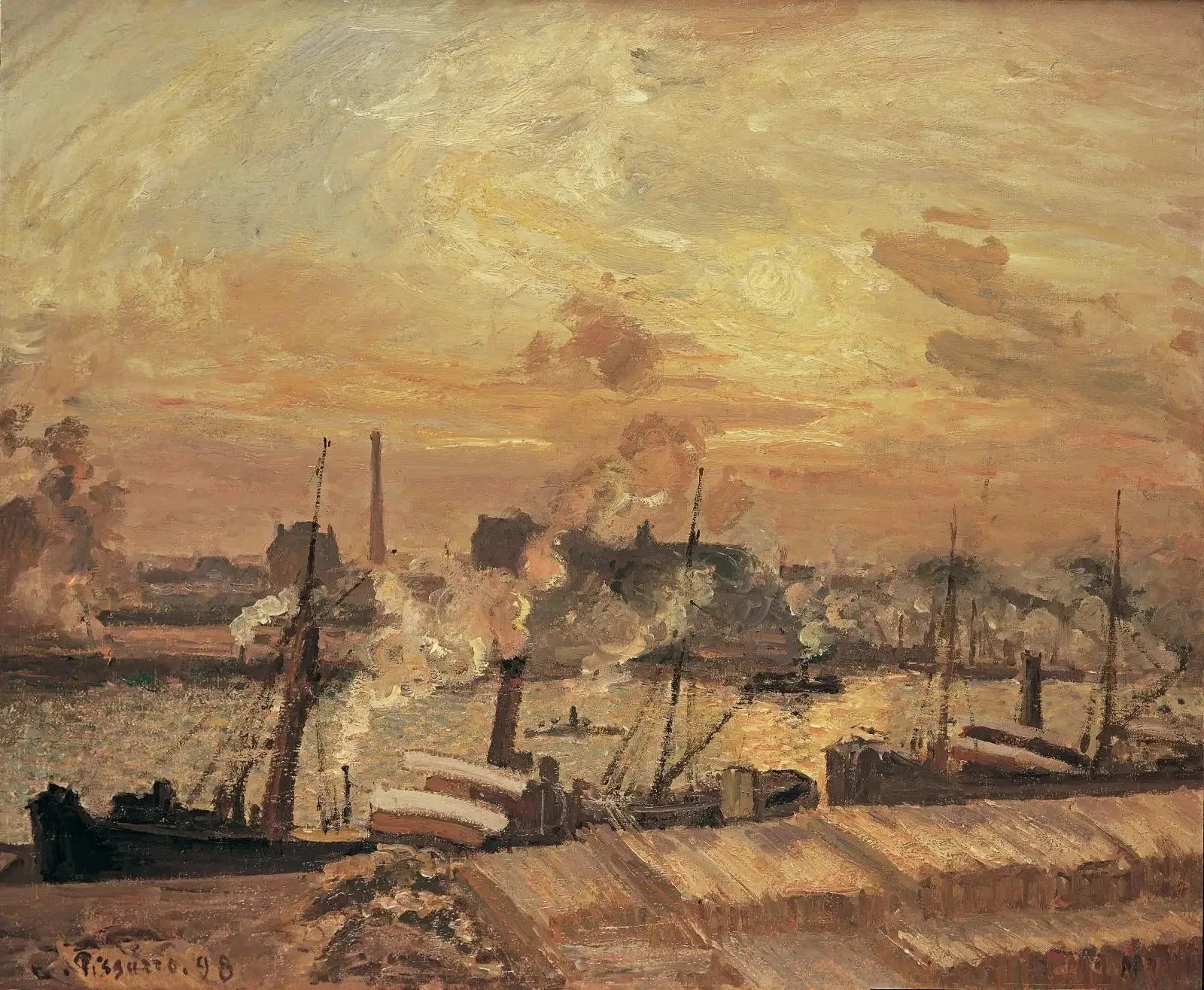 Déchargement de bois, quai de la Bourse, coucher de soleil - Camille Pissarro image 1 reproduction artisanale de tableau