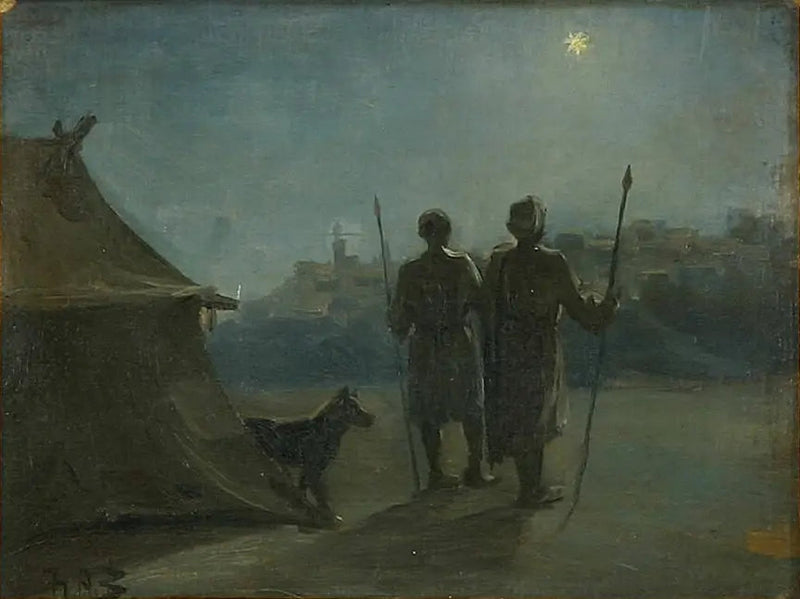 Orientalisches Dekor mit zwei Wächtern vor einem Zelt. - H. A. Brendekilde