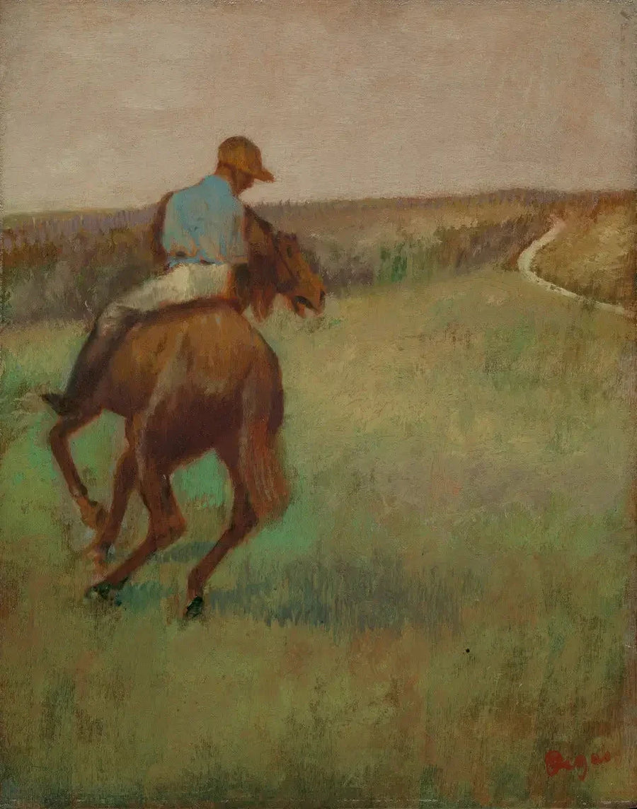 Jockey in Blau auf einem Fuchs - Edgar Degas