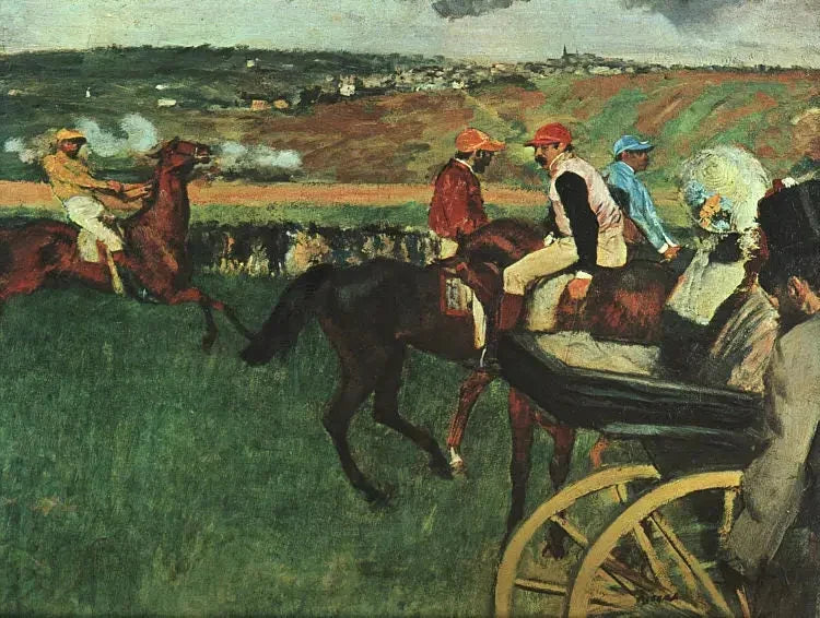 Das Rennfeld. Amateur-Jockeys neben einem Auto - Edgar Degas