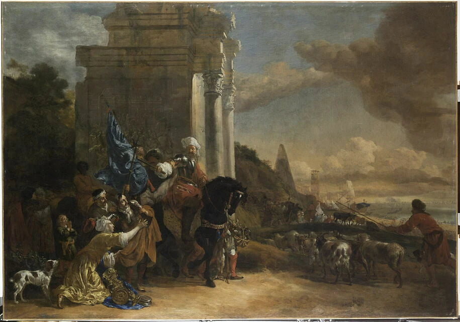 Départ d'une troupe orientale, dit autrefois Les Corsaires repoussés ou encore L'Embarquement d'un général avec sa troupe et adieux des parents à ses soldats - Jan Baptist Weenix