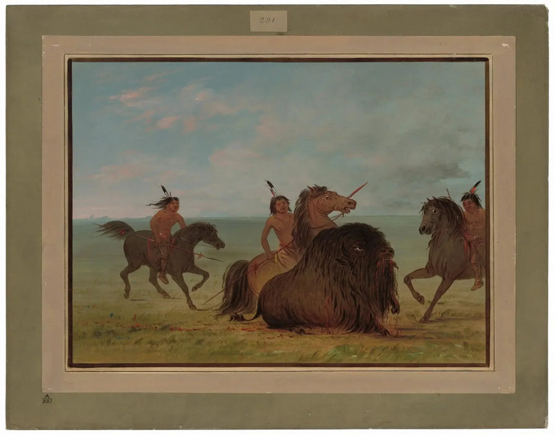Des Camanchees lancen einen männlichen Bison - George Catlin