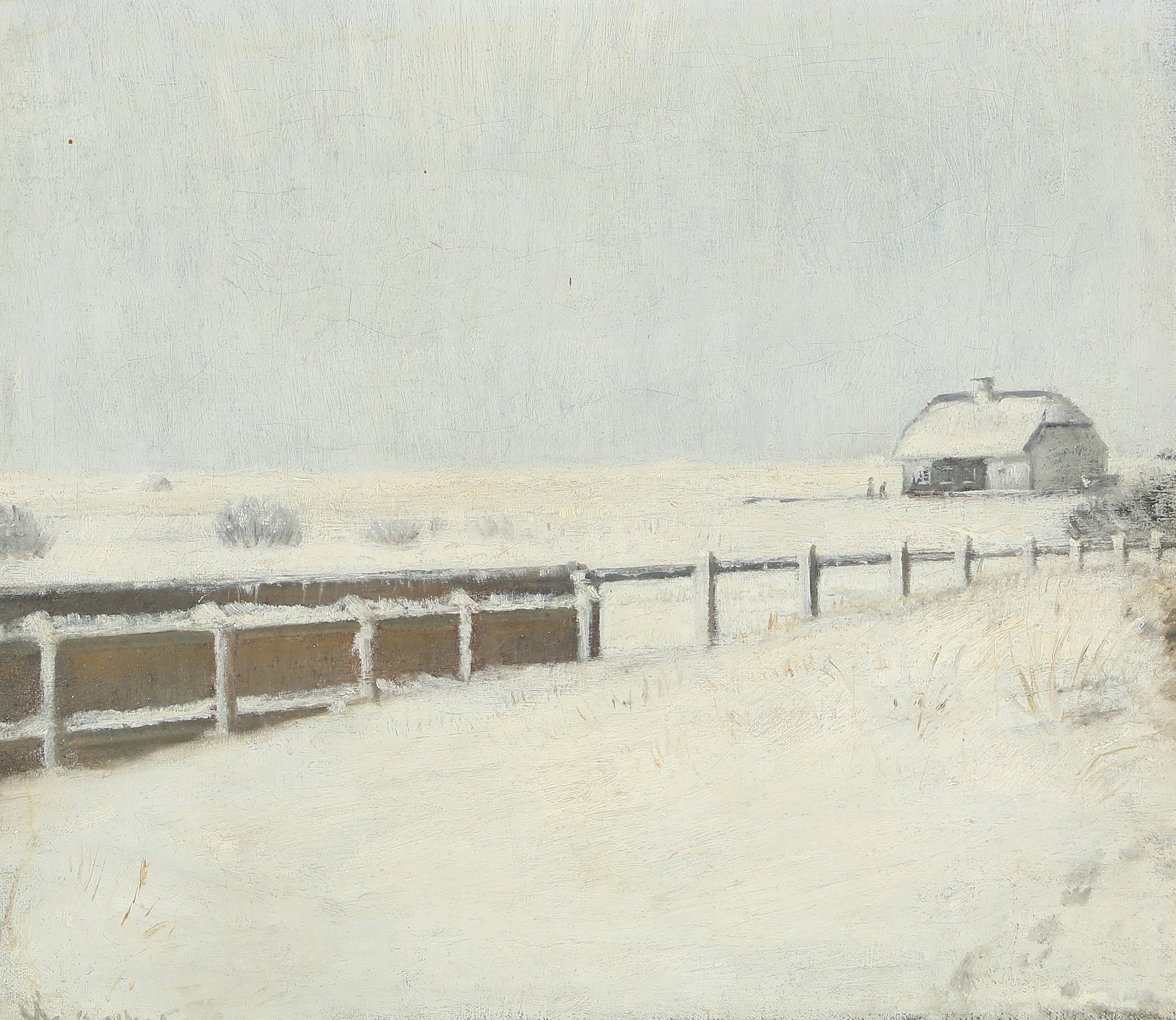 Des clôtures et un chalet sous la neige à Skagen. - Michael Peter Ancher image 1 tableau peint à l’huile sur toile