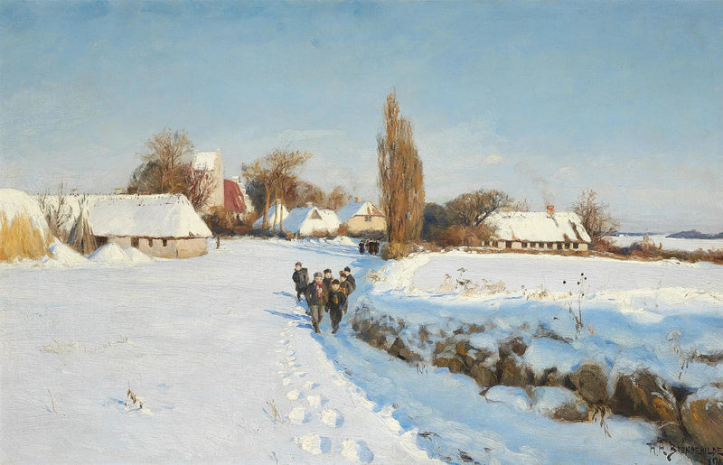 Schüler gehen im Schnee an einem sonnigen Wintertag - H. A. Brendekilde