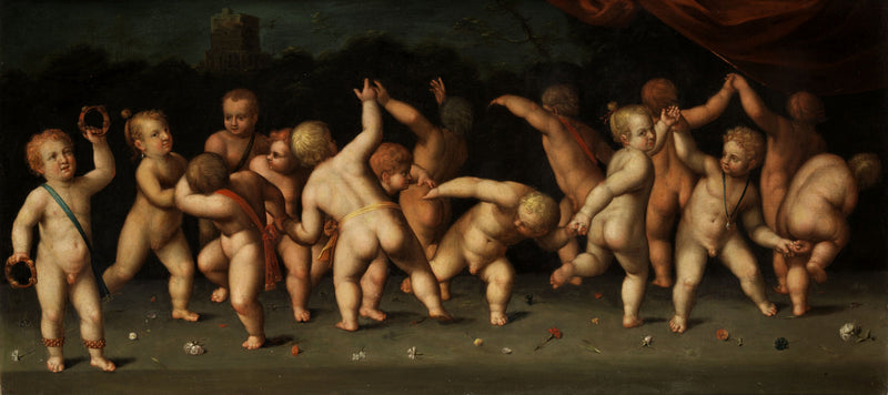 Kinder tanzen im Kreis und pusten in eine Landschaft - Denis Calvaert