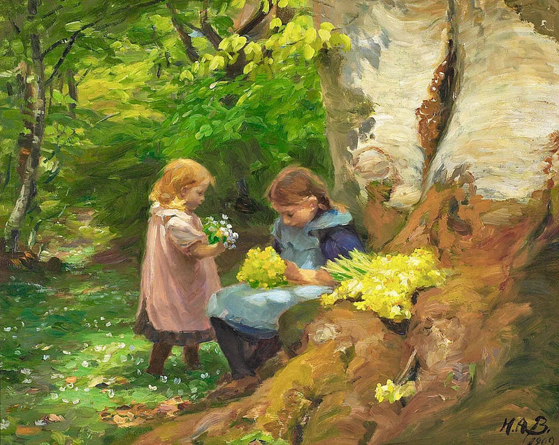 Mädchen pflücken Anemonen und Primeln in den Wäldern von Hunnerup bei Odense. - H. A. Brendekilde